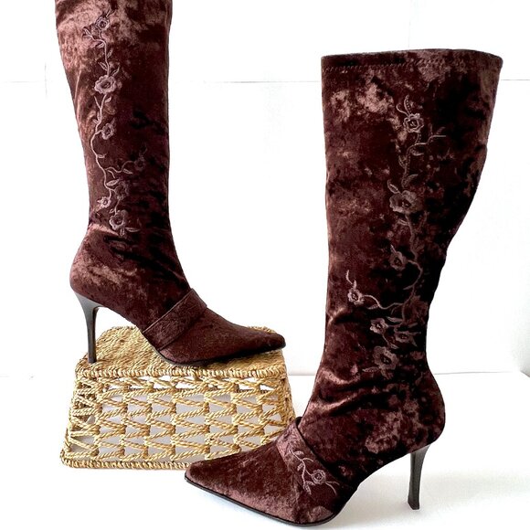 Amanda Smith "Fleur" Brown Embroidered Velvet Boots, Sz 8.5, New Condition - Picture 1 of 16